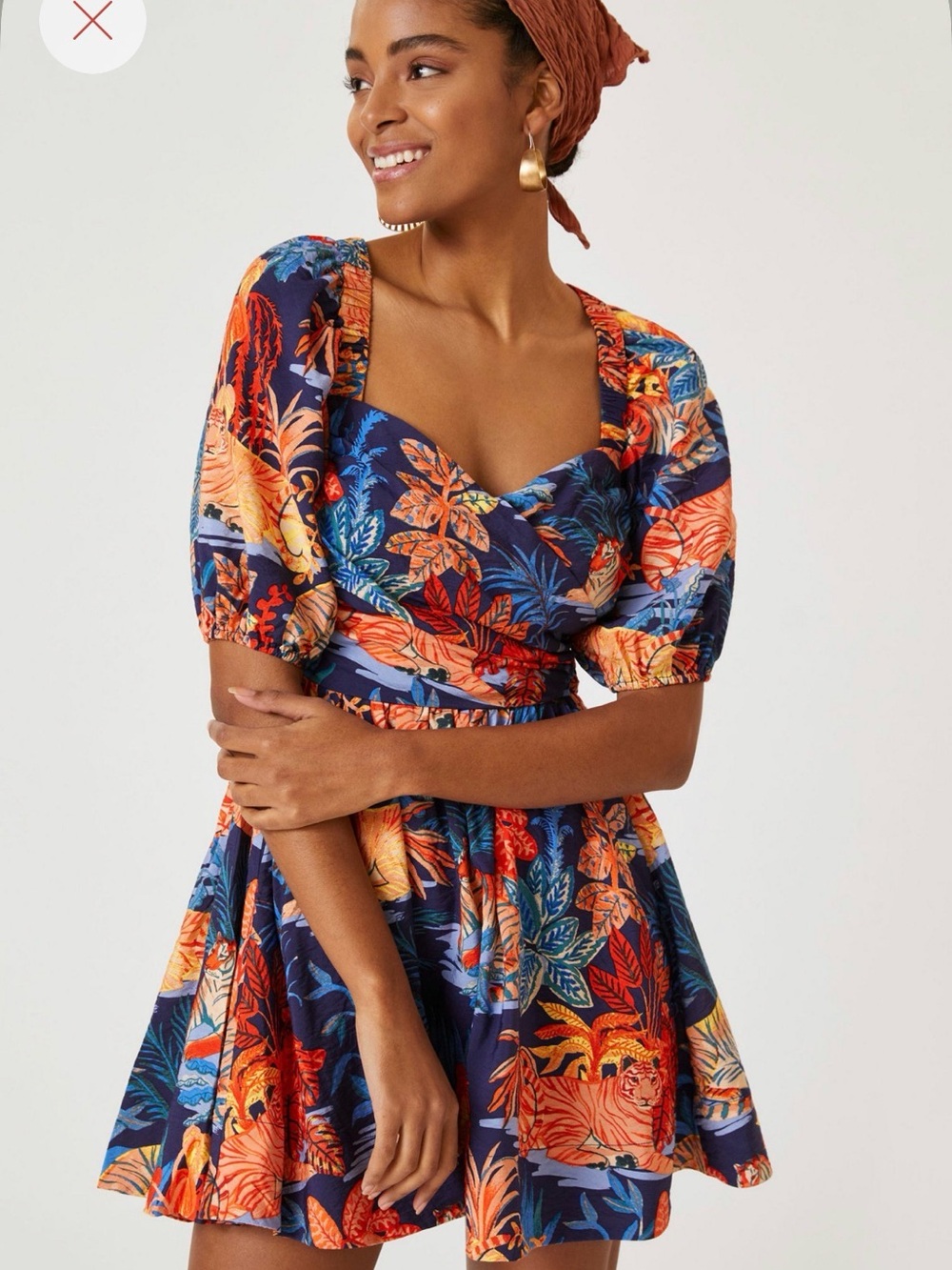 Anthropologie Navy Mini Dress with Orange Tropical Tiger Floral Print